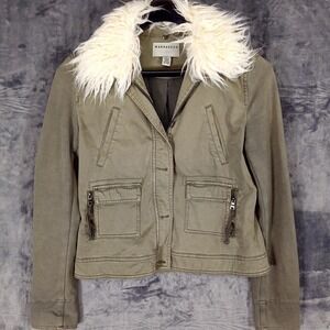 Marrakech Jacket Womens Small Green Faux Fur Collar Utility Cargo Zip Front
